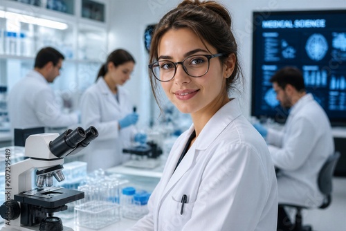 Young female scientist smiling while working in laboratory