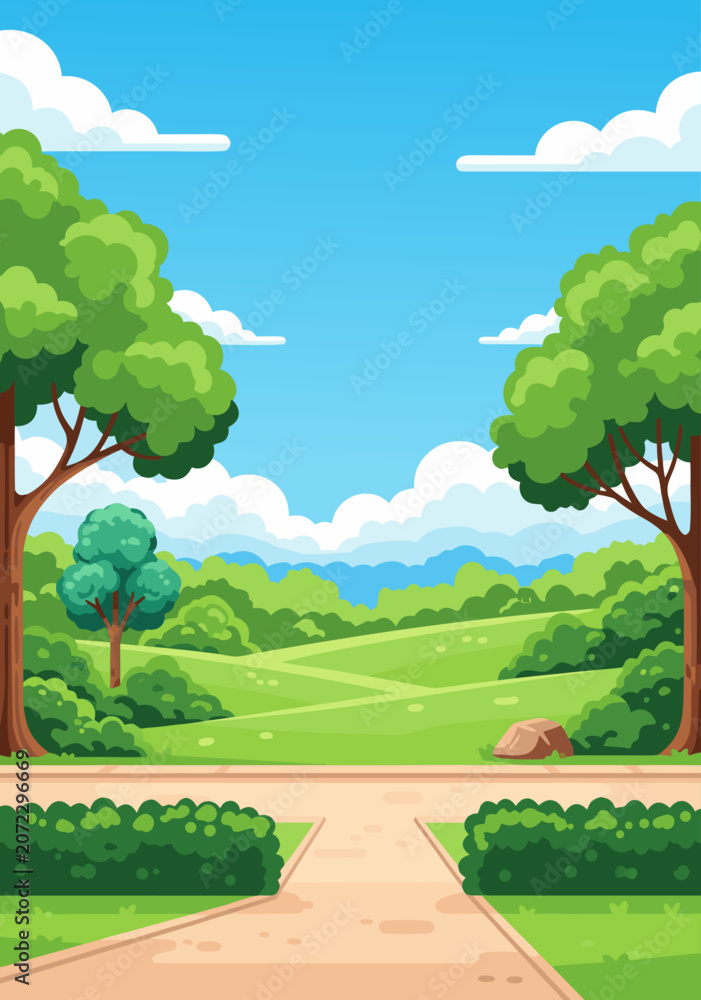Naklejka premium Vibrant Green Park Landscape Illustration Featuring Lush Trees and Scenic Walking Paths Vector Design for Nature Background Concepts 22