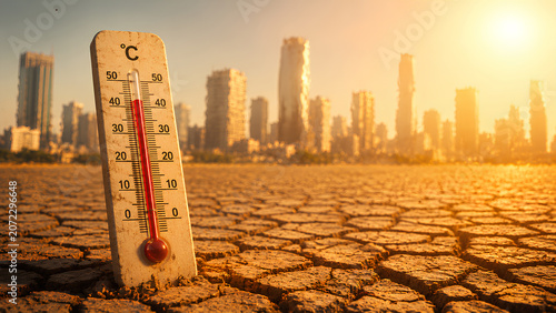 thermometer showing high temperature on cracked dry ground with city skyline