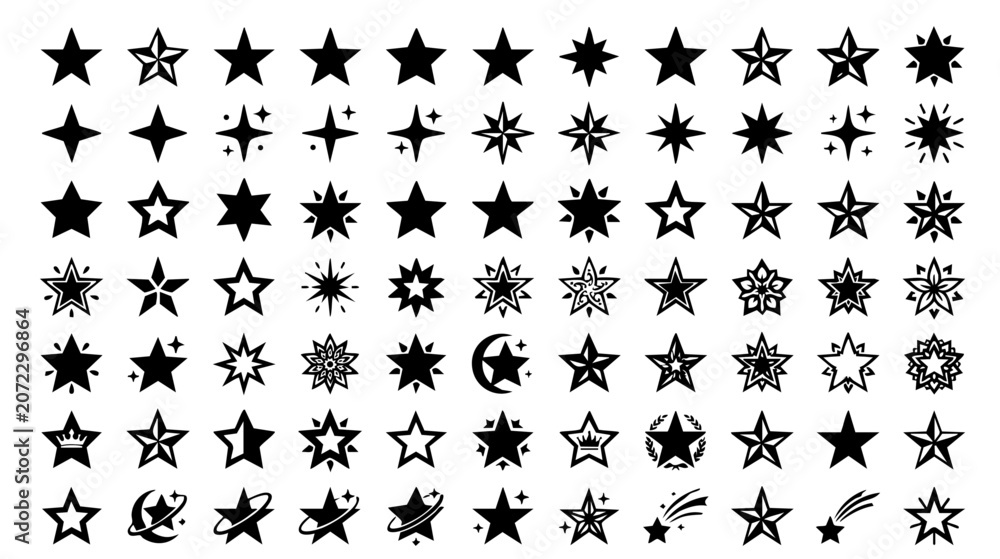 Fototapeta premium Collection of 100 Unique Hand Drawn Star and Celestial Silhouette Vector Icons for Creative Design Projects