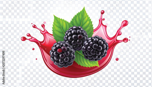 Blackberries with green leaves and juice.