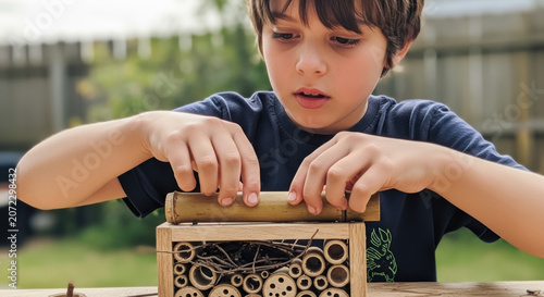 Child builds a wooden insect hotel to provide a sanctuary for local pollinators and beneficial garden wildlife in his backyard during a sunny afternoon.