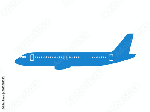 Blue Airplane Silhouette Icon on White Background, Commercial Jetliner Vector Illustration