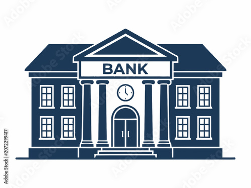 Classic Bank Building Facade with Columns and Clock