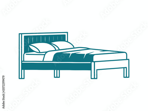 Modern Teal Bed Icon with Pillows and Duvet, Isolated on White Background