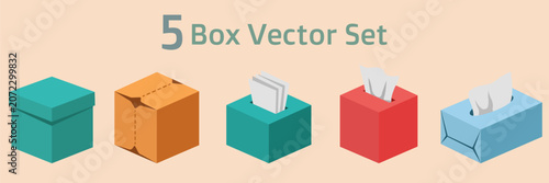 5 Isometric box vector icons set, colorful cardboard packages and parcels for courier shipping service, open and closed product packaging box illustration.