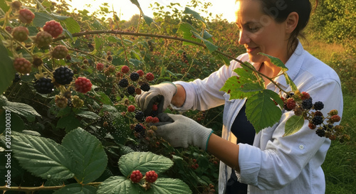 Gardener wearing protective gloves picks ripe blackberries from a lush bush during the golden hour.