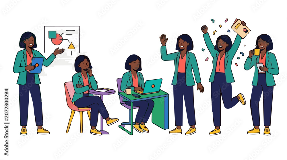 Obraz premium A character design sheet of a modern professional woman