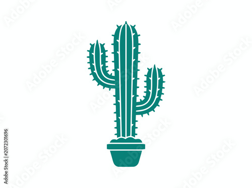 Teal Saguaro Cactus in Pot, Minimalist Vector Illustration
