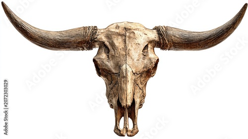 Aged bull skull with long horns on white background.