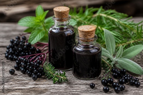 Bottles of elderberry syrup resting among fresh herbs on wood