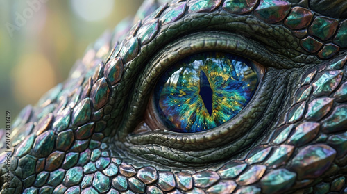 Macro close up of a blue and gold dragon eye with vertical pupil. Detailed view of iridescent green reptilian scales and forest reflection