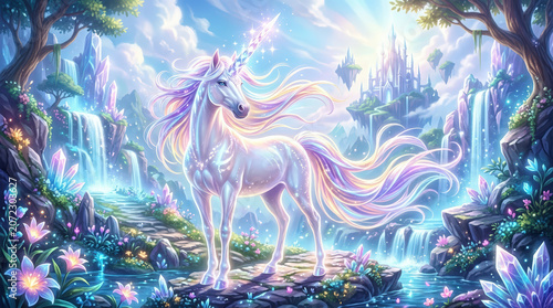 Majestic white unicorn with iridescent mane in a magical forest. Mythical creature standing near waterfalls and glowing crystals. Fantasy landscape