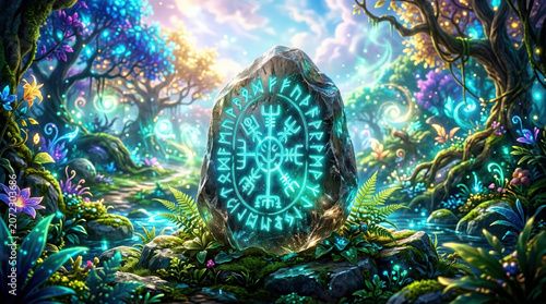 Glowing ancient runestone in an enchanted mystical forest. Magical rock with cyan symbols surrounded by vibrant fantasy flora and a stream