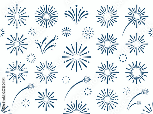 Festive Firework Burst Patterns - Blue Starbursts and Sparklers on White Background