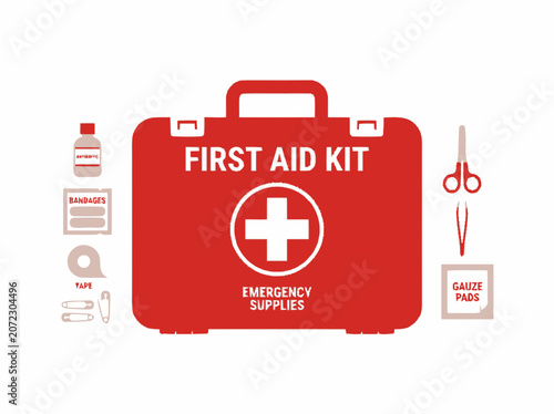 Red First Aid Kit with Medical Supplies - Emergency Health Care Concept