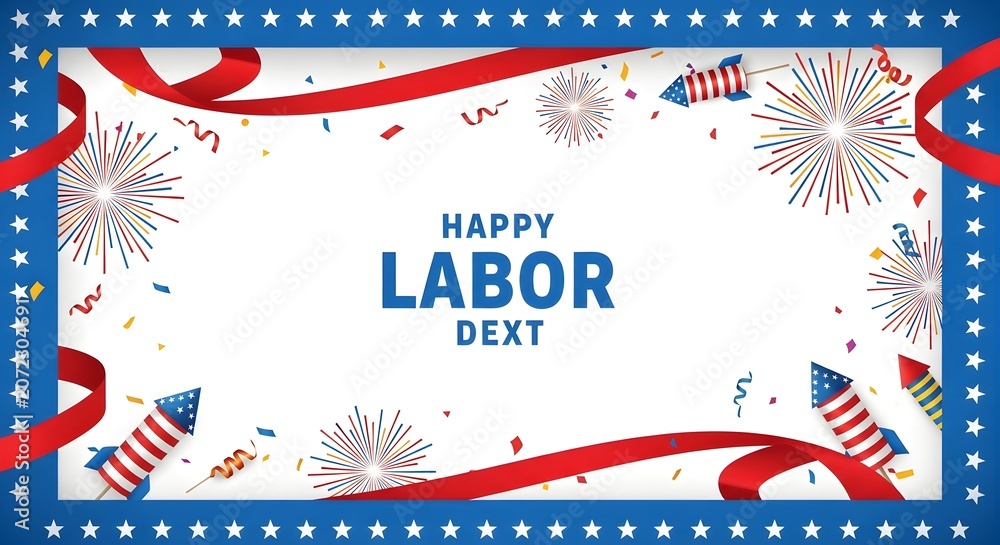 Obraz premium Happy labor day celebration background with fireworks and ribbons