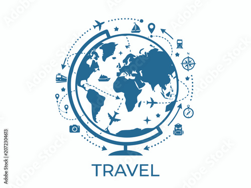 Global Travel and Transportation Icons Orbiting a Stylized Earth Globe