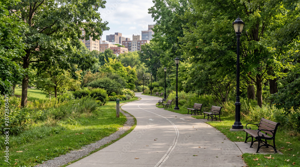 Naklejka premium Scenic Urban Park Concrete Walking Trail Surrounded By Green Trees Benches And Classic Street Lights