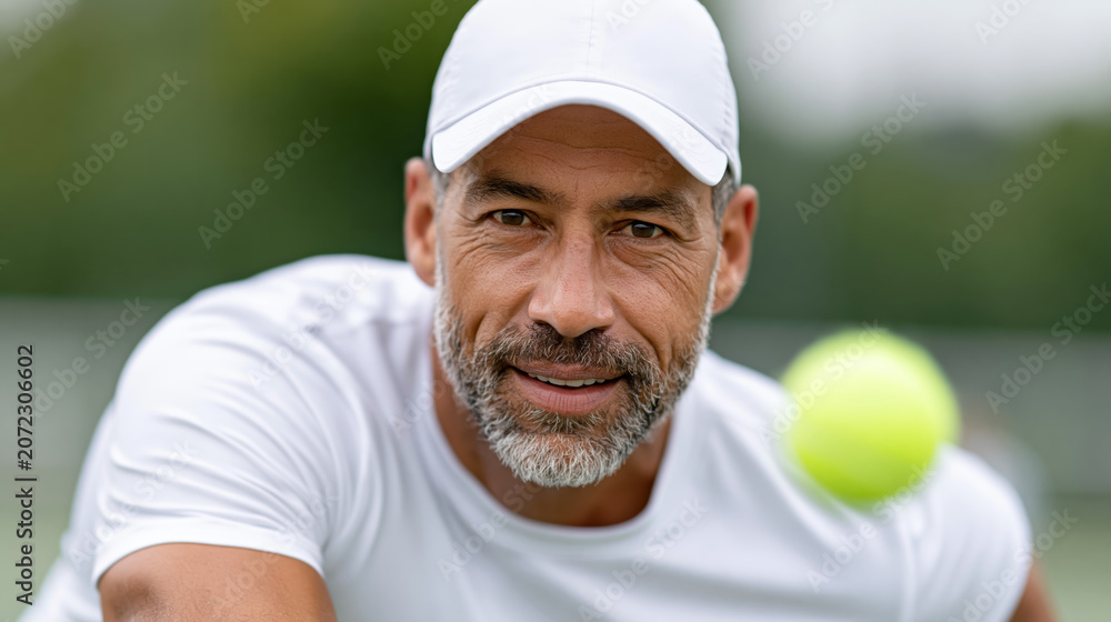 Fototapeta premium Caucasian mature male playing tennis outdoors in white attire and cap