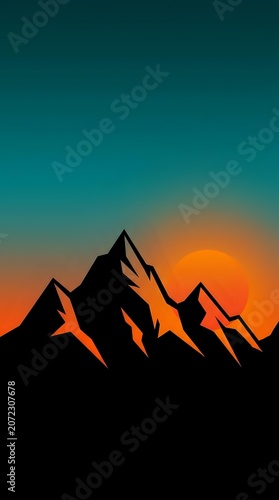 Silhouetted mountain peaks against vibrant orange sunset with glowing sun, transitioning to teal sky. Isolated design element suitable for backgrounds, posters, and outdoor adventure graphics.