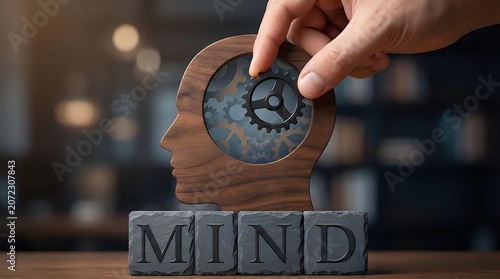 Hand holding wooden head silhouette with clock mechanism inside, mind concept on wooden blocks, mental health and time management theme for business and psychology.