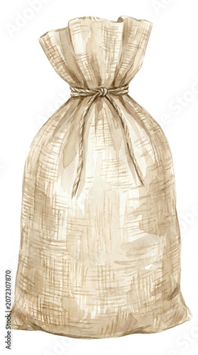 Burlap sack with drawstring closure isolated on white background, suitable for packaging, gift wrapping, storage, and design projects.