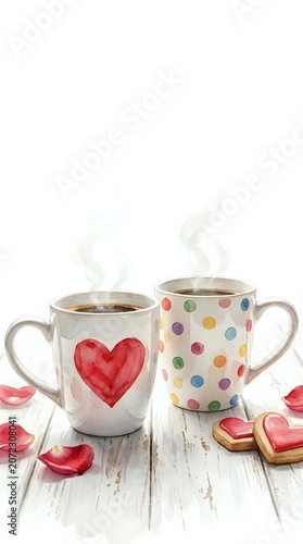 Two ceramic mugs with hot beverages on white wooden surface, one featuring red watercolor heart, other with colorful polka dots, surrounded by rose petals and heart-shaped cookies.