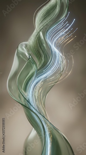 Abstract flowing liquid forms with luminous streaks in sage green and iridescent blue tones, creating dynamic movement and energy for modern design projects.