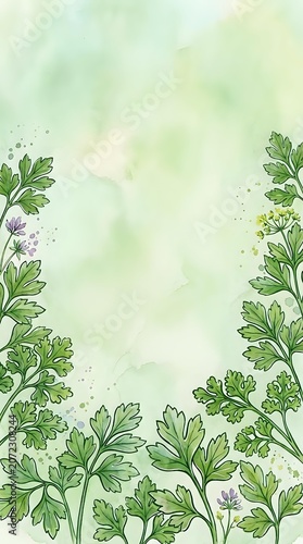 Watercolor herb garden border with parsley and small purple flowers on soft green and cream background, isolated on transparent space for design layouts, greeting cards, and botanical projects.