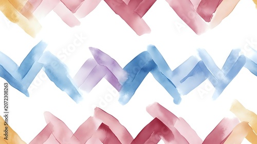 Watercolor chevron stripes in soft pastel tones of pink, blue, purple, and gold on white background. Seamless pattern tiles for wallpaper, fabric, and design projects.