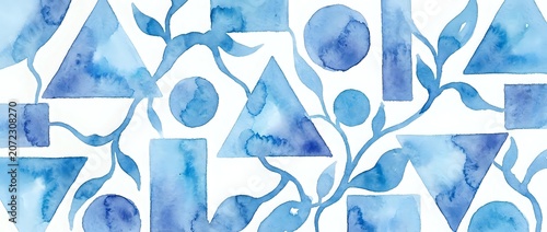 Watercolor geometric shapes and organic leaf motifs in shades of blue on white background, seamless pattern for textile, wallpaper, and design projects.