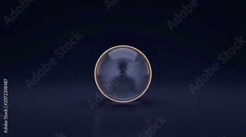 Transparent glass sphere with golden ring frame on dark blue background, isolated for design and overlay use.