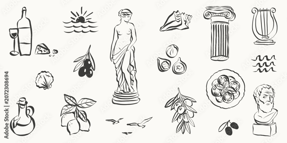 Naklejka premium Greek doodles with ancient Mediterranean elements hand drawn statue, column sketches and mythological symbols capturing the essence of timeless Greece art and culture. Line art Vector illustration