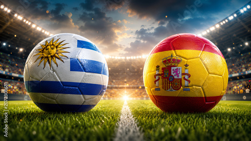 Uruguay vs Spain soccer match concept with national flag balls in illuminated stadium