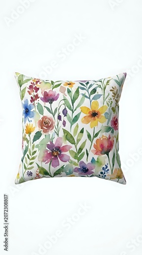 Watercolor floral pillow cover featuring vibrant blooms and botanical leaves in pink, yellow, purple, and blue tones on cream background. Home decor accent.
