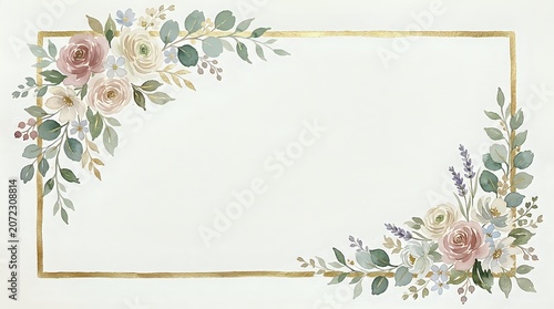 Elegant floral frame with roses, eucalyptus, and lavender on cream background. Gold border creates sophisticated design perfect for invitations, greeting cards, and wedding stationery templates.