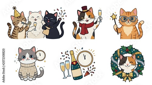 Cartoon cats celebrating with champagne, party hats, and festive decorations in various poses. Isolated clipart collection ready for greeting cards, invitations, and holiday designs.