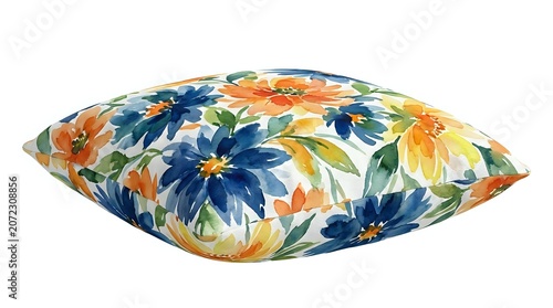 Colorful floral pillow cover featuring vibrant blue, orange, and yellow flowers with green foliage on white background, perfect for home decor and interior design projects.
