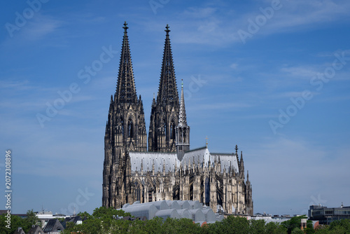 Photos Impressive view of the historic Gothic Cologne Cathedral rising above green trees and city buildings in Germany