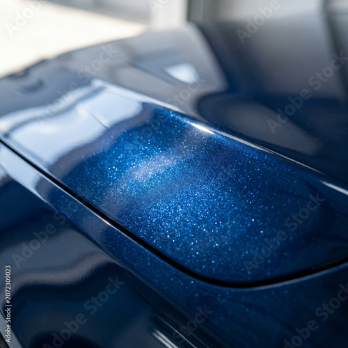 Close-up of a sparkling deep blue car paint with metallic flakes, automotive detail