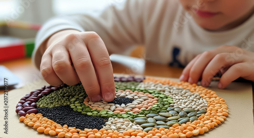 Student creates an intricate mandala pattern on paper using various types of dried beans, seeds, and pulses as part of a creative art project.