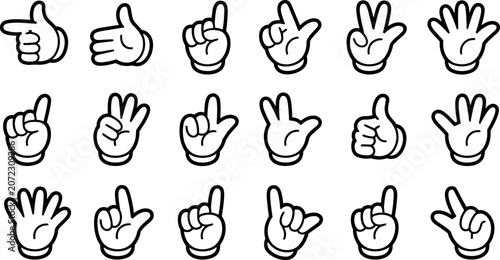 Slika na platnu Cartoon hand gestures collection black and white line art for graphic design and