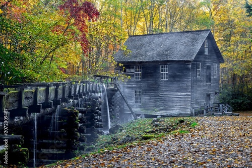 Fotografie old grist mill in autumn in Great Smoky Mountains