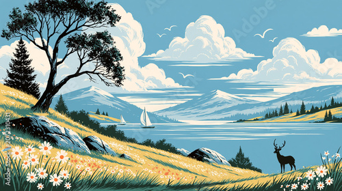 Stylized mountain landscape with lake, deer and sailboats under cloudy sky