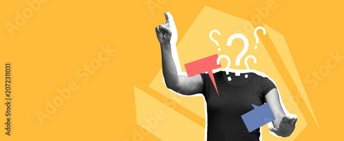 Fotografija Unrecognizable Individual With Raised Hand And Speech Bubbles, Suggesting Engagement In Conversation, Set Against Bright Yellow Background