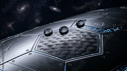 Futuristic spaceship hull with glowing hexagonal panel and orbs, deep space background with galaxies