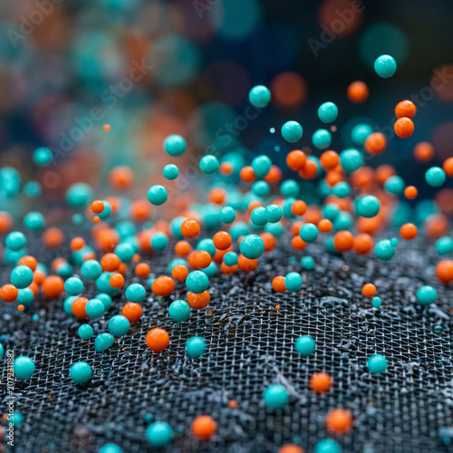 Abstract colorful spheres floating above textured surface, science and technology concept