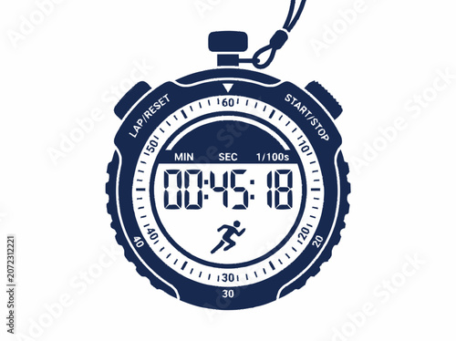 Digital Stopwatch with Runner Icon, Countdown Timer, Sport Measurement, Blue Silhouette