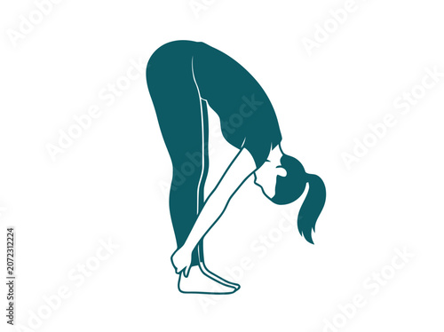 Woman practicing Uttanasana, standing forward bend yoga pose, minimalist illustration